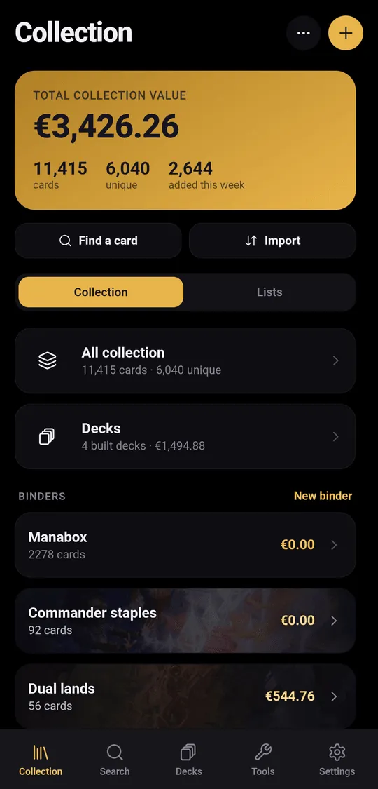Collection home with the total value and binders