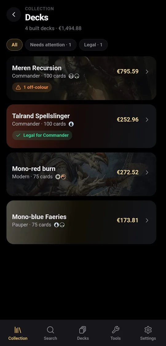 Built decks under Collection › Decks, with their legality status and value