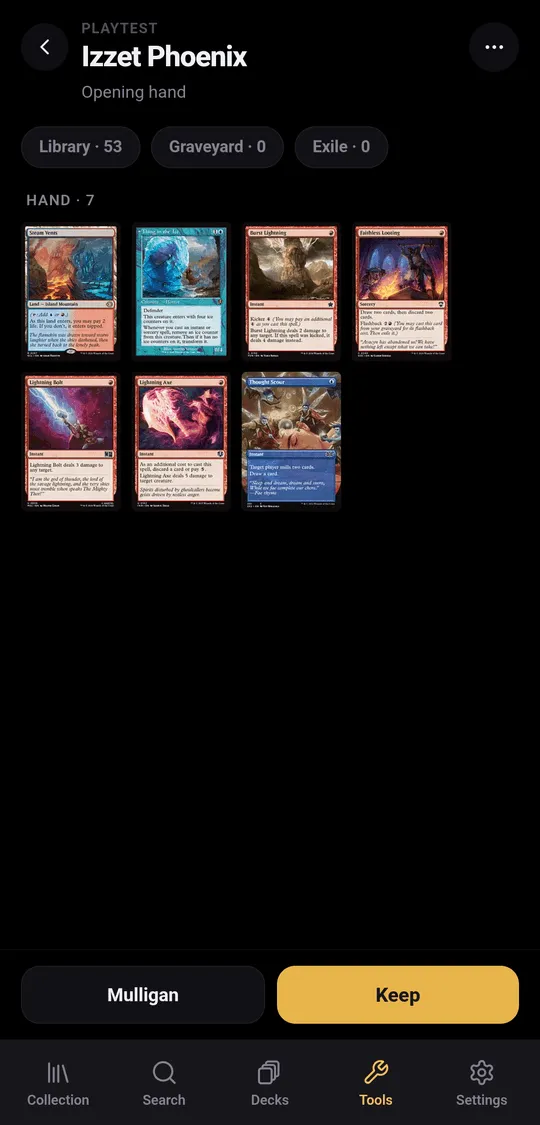 Playtest opening hand with Mulligan and Keep