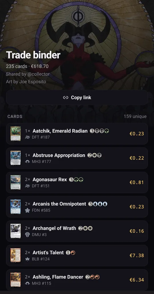 Public page of a shared binder: cover, value, owner and card list